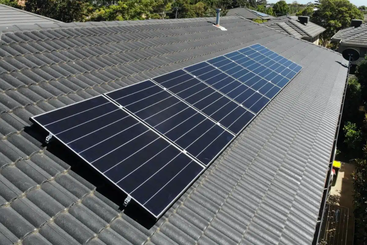 Solar panels on a grey tiled roof